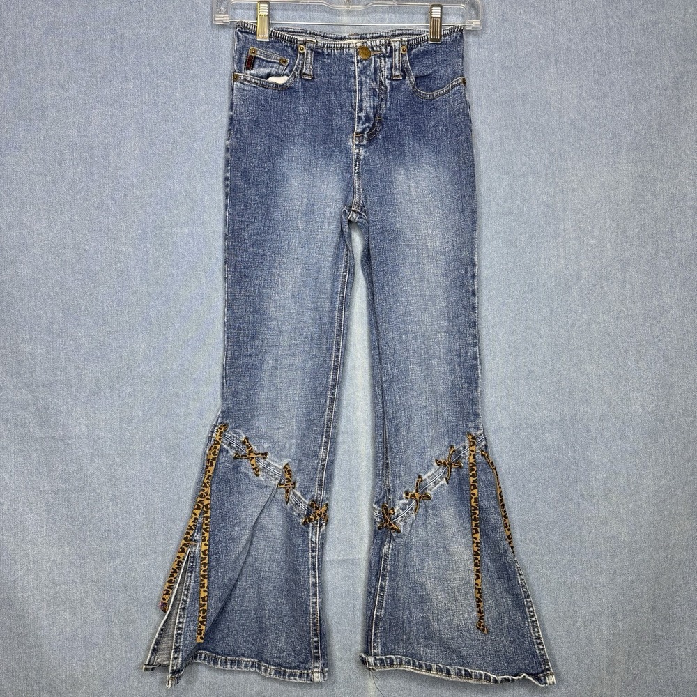 Mudd Cheetah Lace Up Sides Jeans Y2K Low Rise GIRLS 10 Bell Bottoms Hippie Retro
